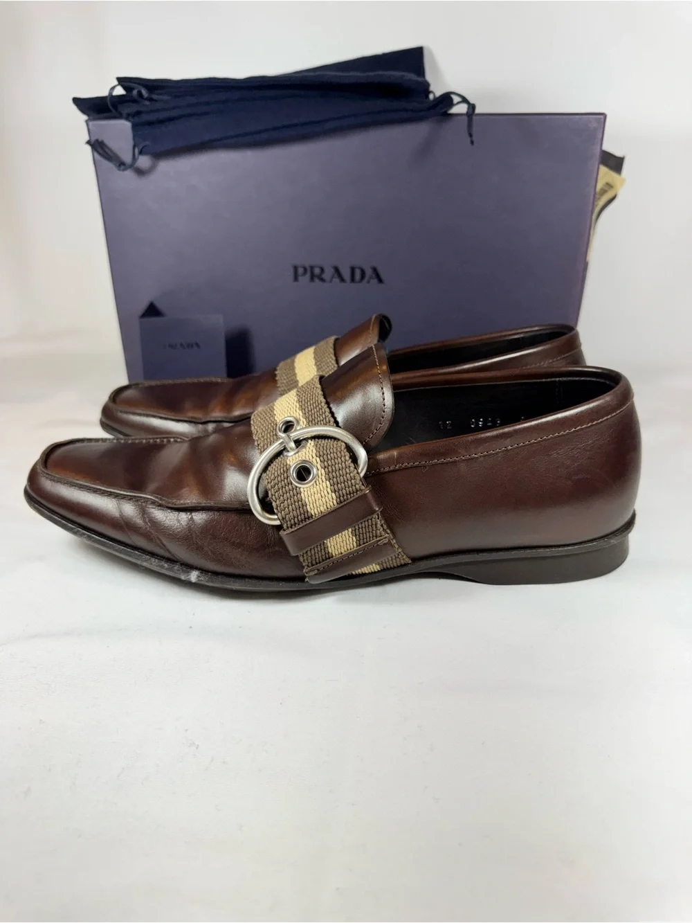 Prada Men’s Dark Brown Leather Monk Strap Buckle Loafers Woven Buckle Size 9